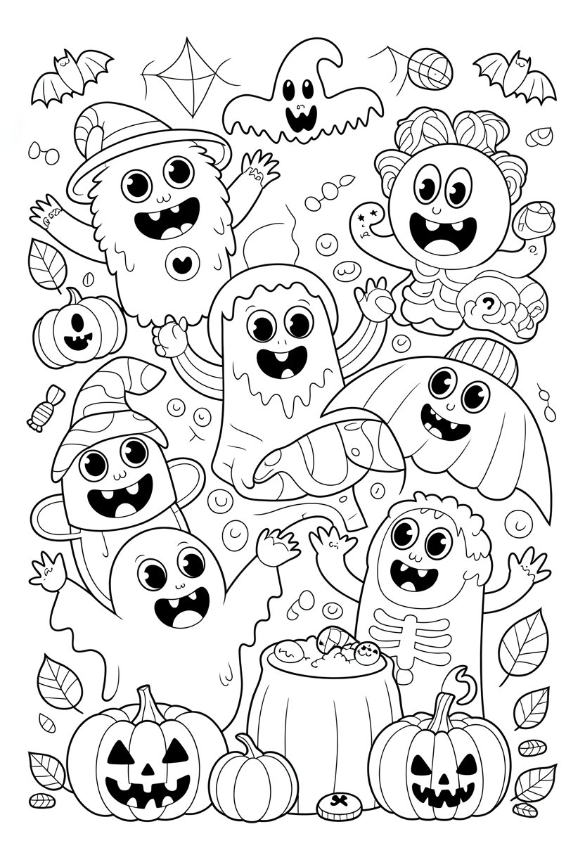 Halloween Coloring Pages Cute Collection of 20 Fun and Easy Designs 33 A group of happy monsters wearing Halloween costumes surrounded by pumpkins, bats, spider webs, and candy.